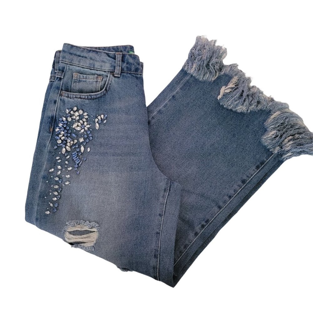 Blue Flare Jeans with Distressed Details and Rhinestone Embellishments